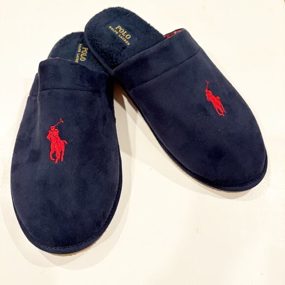 NWOT Ralph Lauren Klarence Microsuede Scuff Slipper Navy Big Pony Size 12 Plaid - Picture 1 of 8